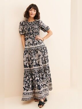 NWT FARM RIO GRAPHIC FLORAL DOVES SIGNATURE BLACK CREAM MAXI PRAIRIE DRESS SZ XS